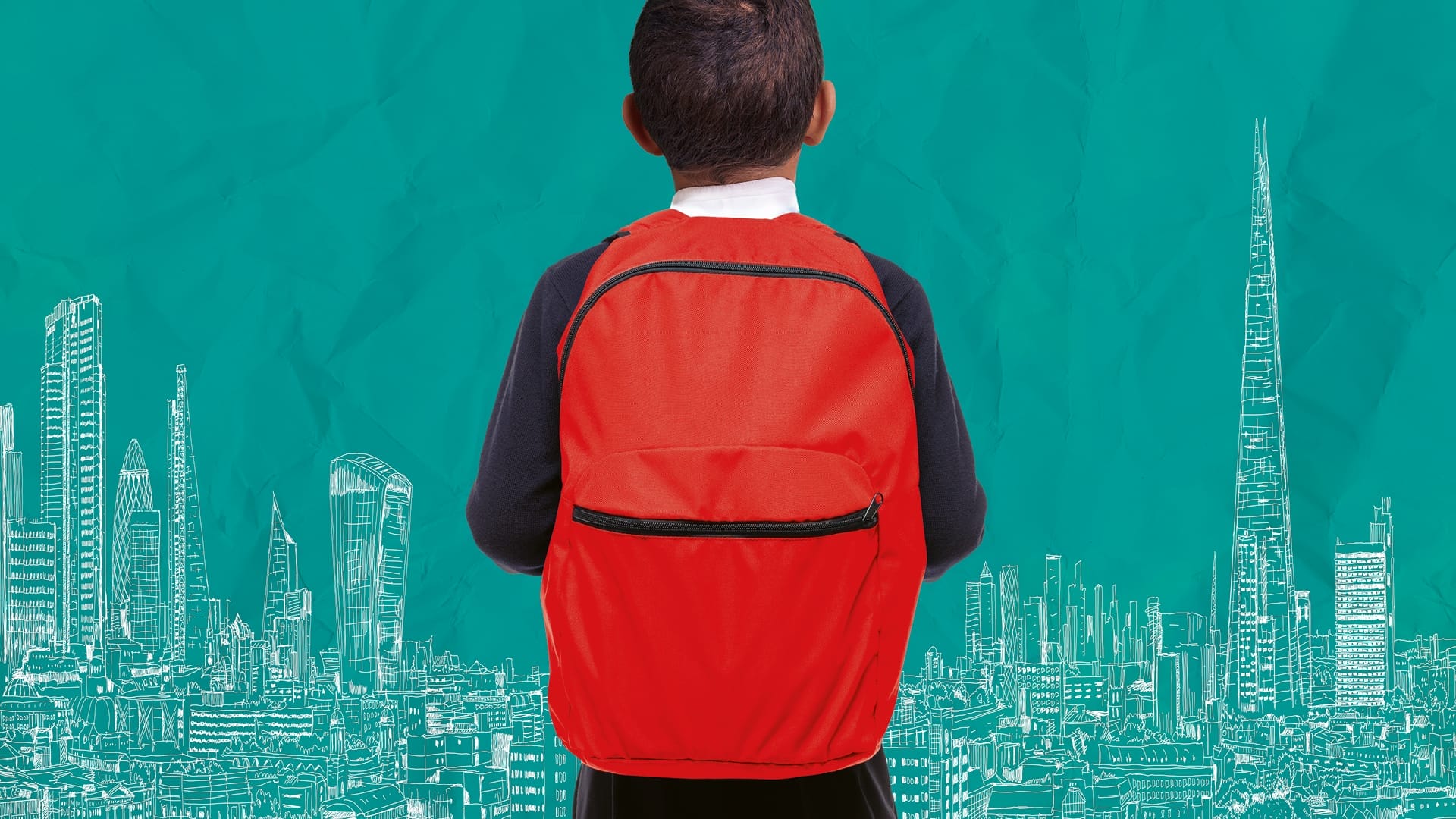 A child with a red backpack stands facing a teal background with white illustrated city buildings and skyscrapers, evoking the spirit of Onjali Q. Raúf's beloved children's book, The Boy at the Back of the Class.