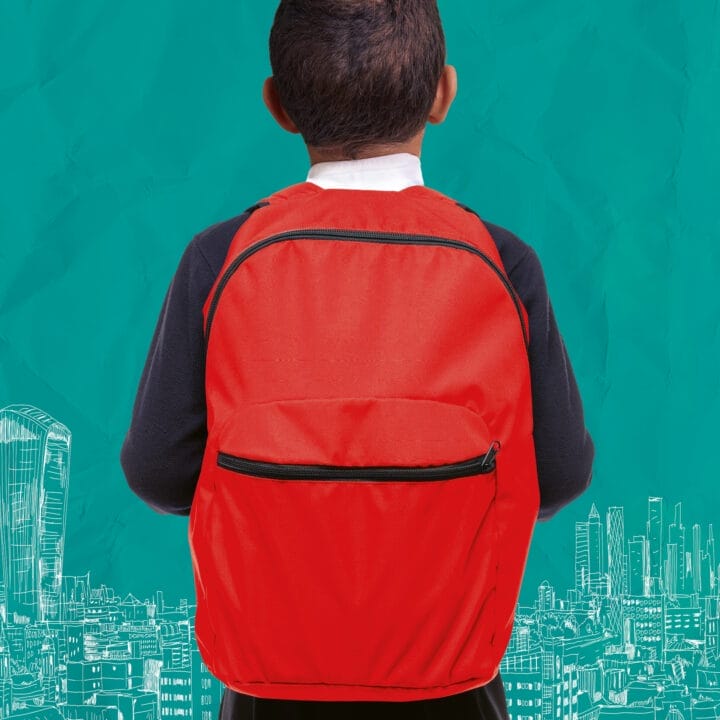 A child with short hair, seen from behind, wears a red backpack against a teal background illustrated with white cityscape outlines—a scene reminiscent of Onjali Q. Raúf’s beloved children's book, The Boy at the Back of the Class.