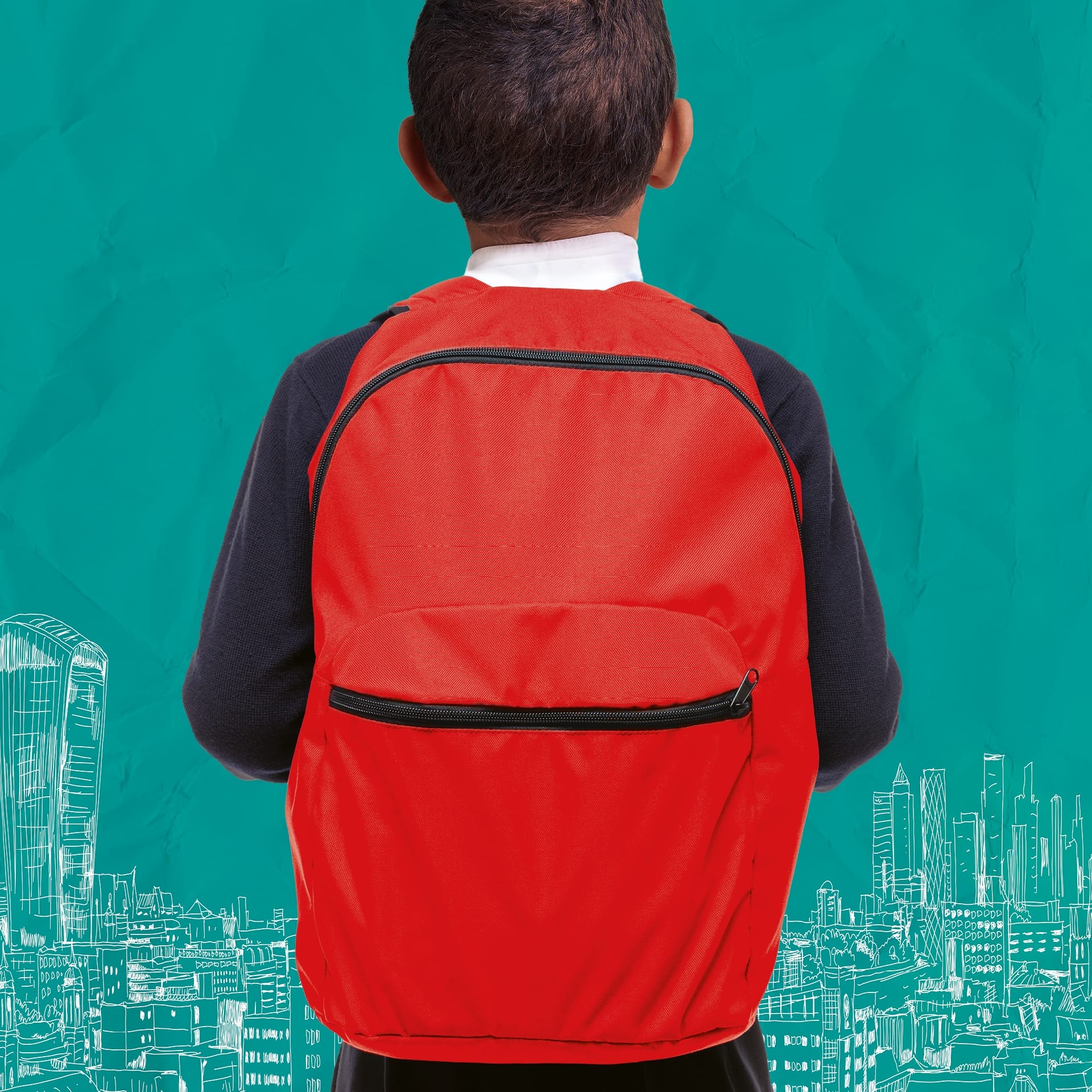 A child with short hair, seen from behind, wears a red backpack against a teal background illustrated with white cityscape outlines—a scene reminiscent of Onjali Q. Raúf’s beloved children's book, The Boy at the Back of the Class.