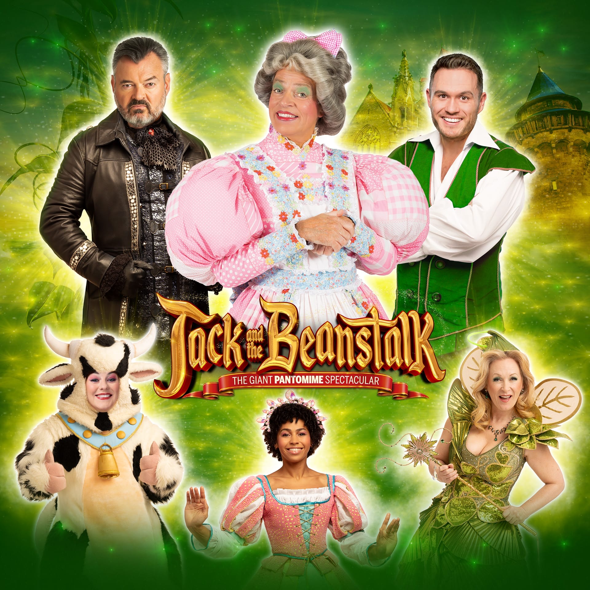 Six cast members in costume for "Jack and the Beanstalk" pose against a green background with castle elements, showcasing characters including Jack, the Dame, the Cow, and a fairy.