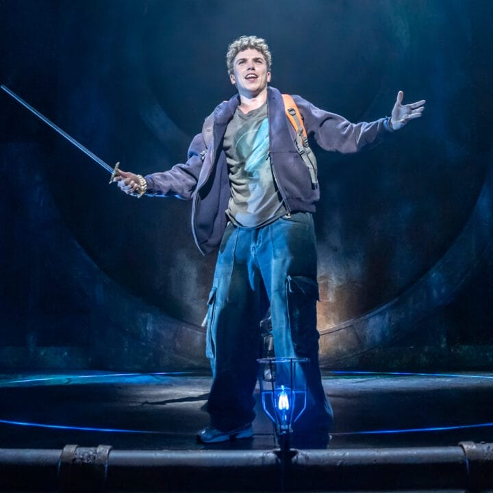 A man holding a sword stands center stage, as if ready to perform in a dramatic moment from musical theatre.