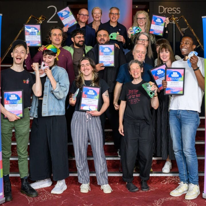 A group of people stand on stairs holding certificates and trophies, smiling for a photo at The Skinny-Fest Festival Awards, celebrating as 2025 Besties winners with "The Besties" banners on each side.