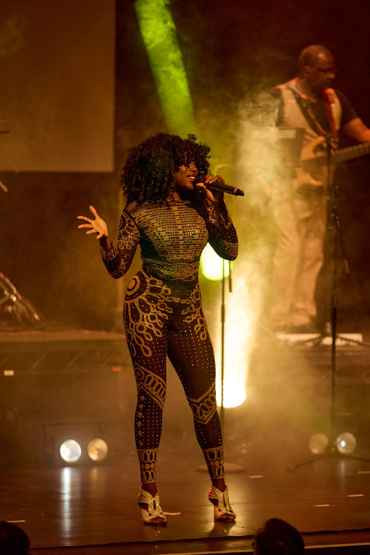 A singer in a patterned bodysuit performs on stage with a microphone, bringing the Story of Soul to life; a musician plays guitar in the background amid stage lights and smoke.