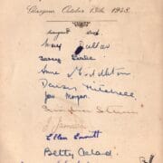 A signed postcard titled "Half Past Eight Girls, Glasgow, October 13th, 1948," with multiple handwritten signatures in blue and black ink.