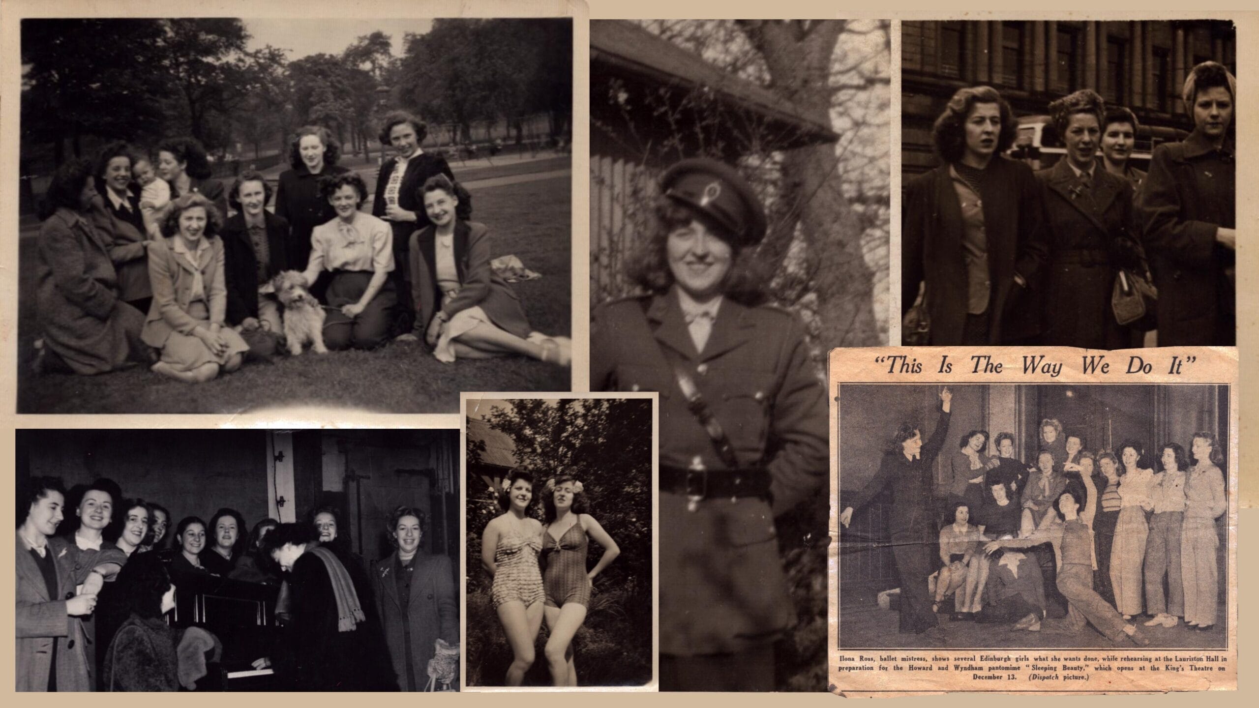 A collage of images of Mary Rose, the featured dancer in this article, in a range of pictures in 1940s including posing alone, socialising with friends and a newspaper clipping of her dance group. All images are black and white.