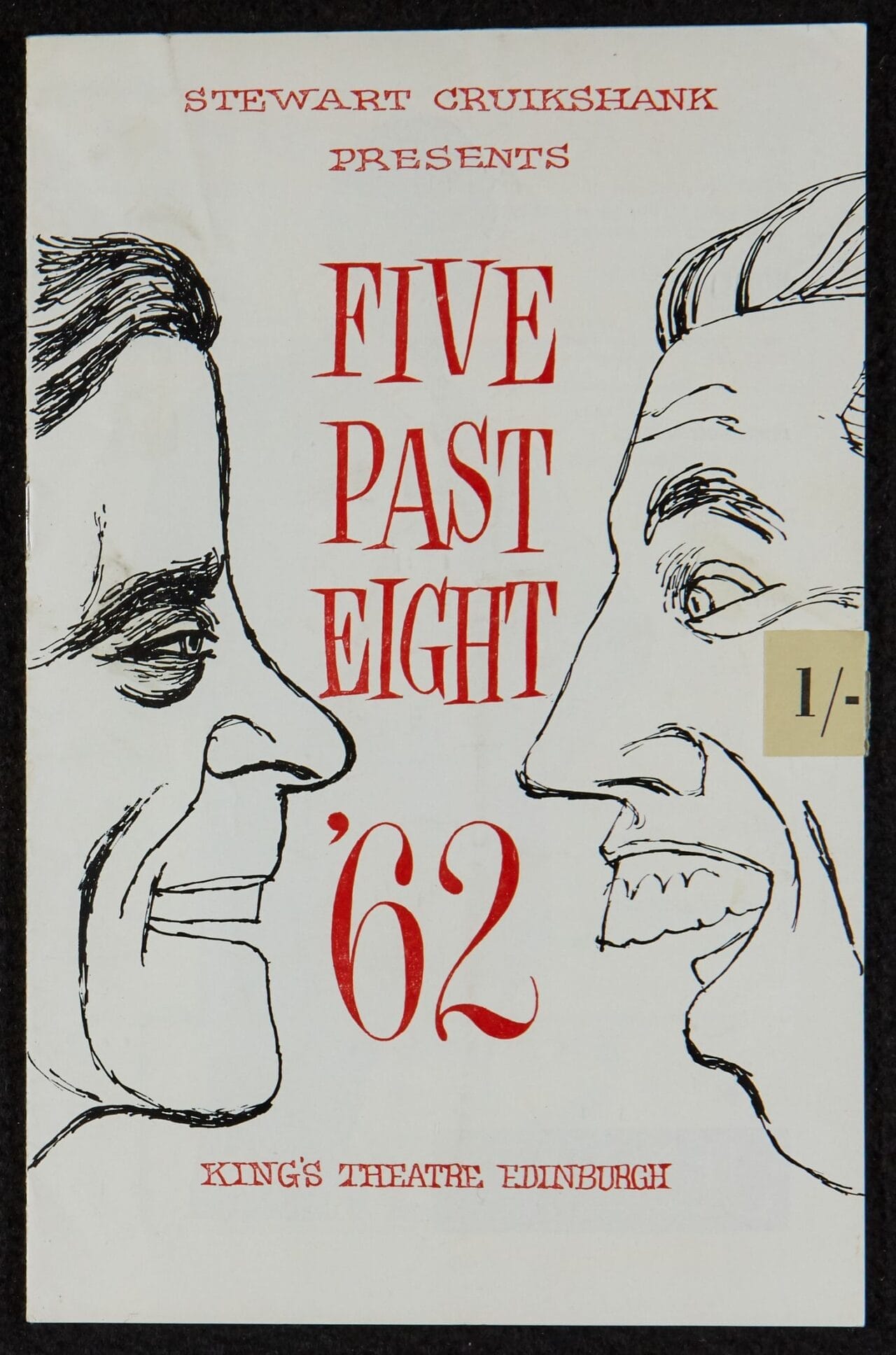 A theater program cover shows illustrated profiles of two men facing each other, with text reading "Five Past Eight '62, King's Theatre, Edinburgh"