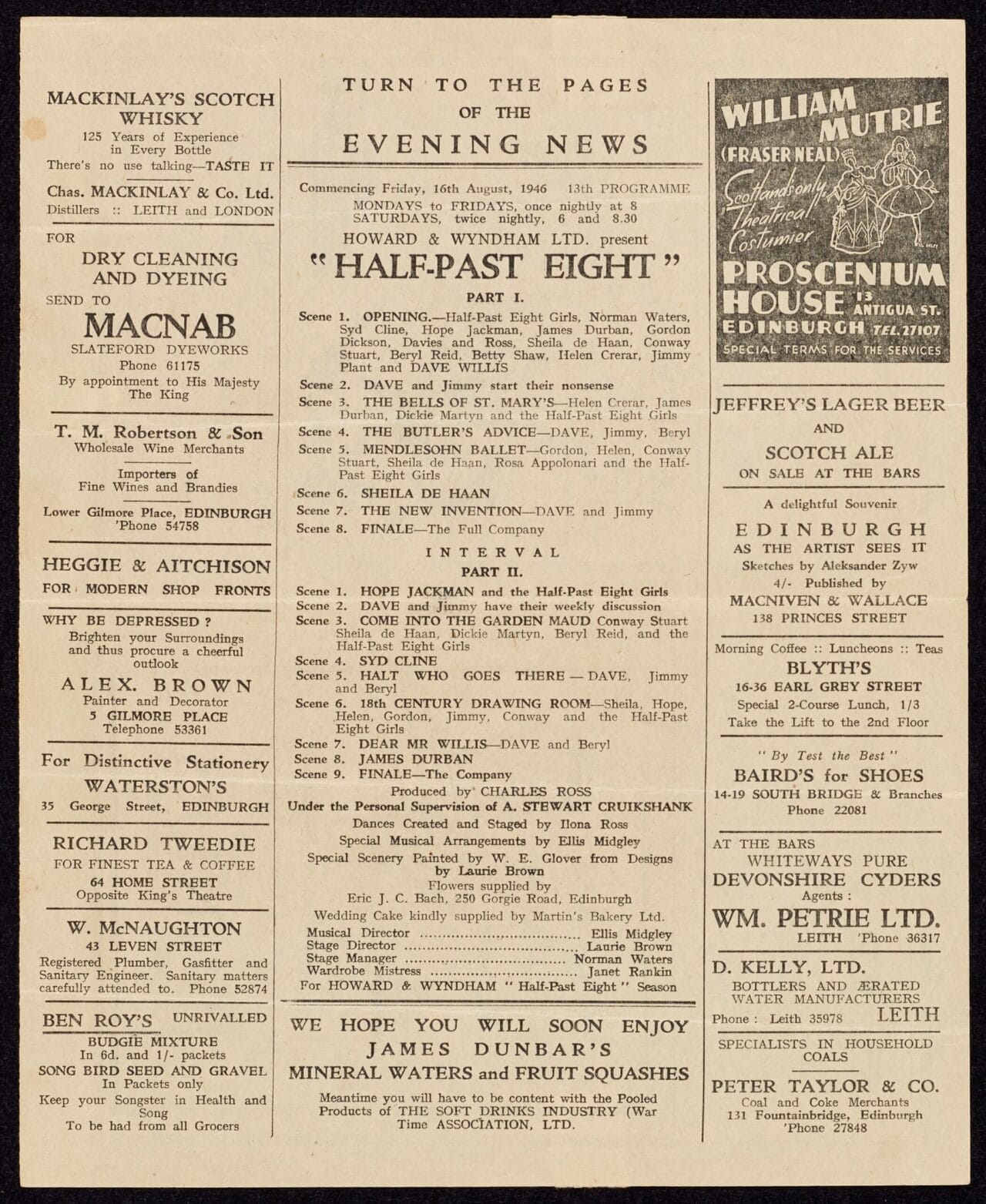 Theatre program page featuring advertisements for local businesses and details for the Half Past Eight Show in August 1936.