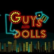 Guys and Dolls" title in bright marquee lights shines above dice, a neon arrow, crescent moon, and city skyline at night.
