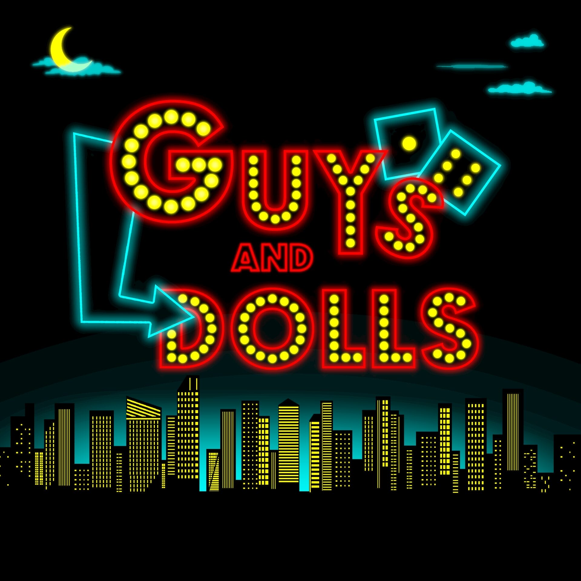 Neon-style "Guys and Dolls" sign glows above a city skyline at night, with dice shimmering under a crescent moon and drifting clouds.