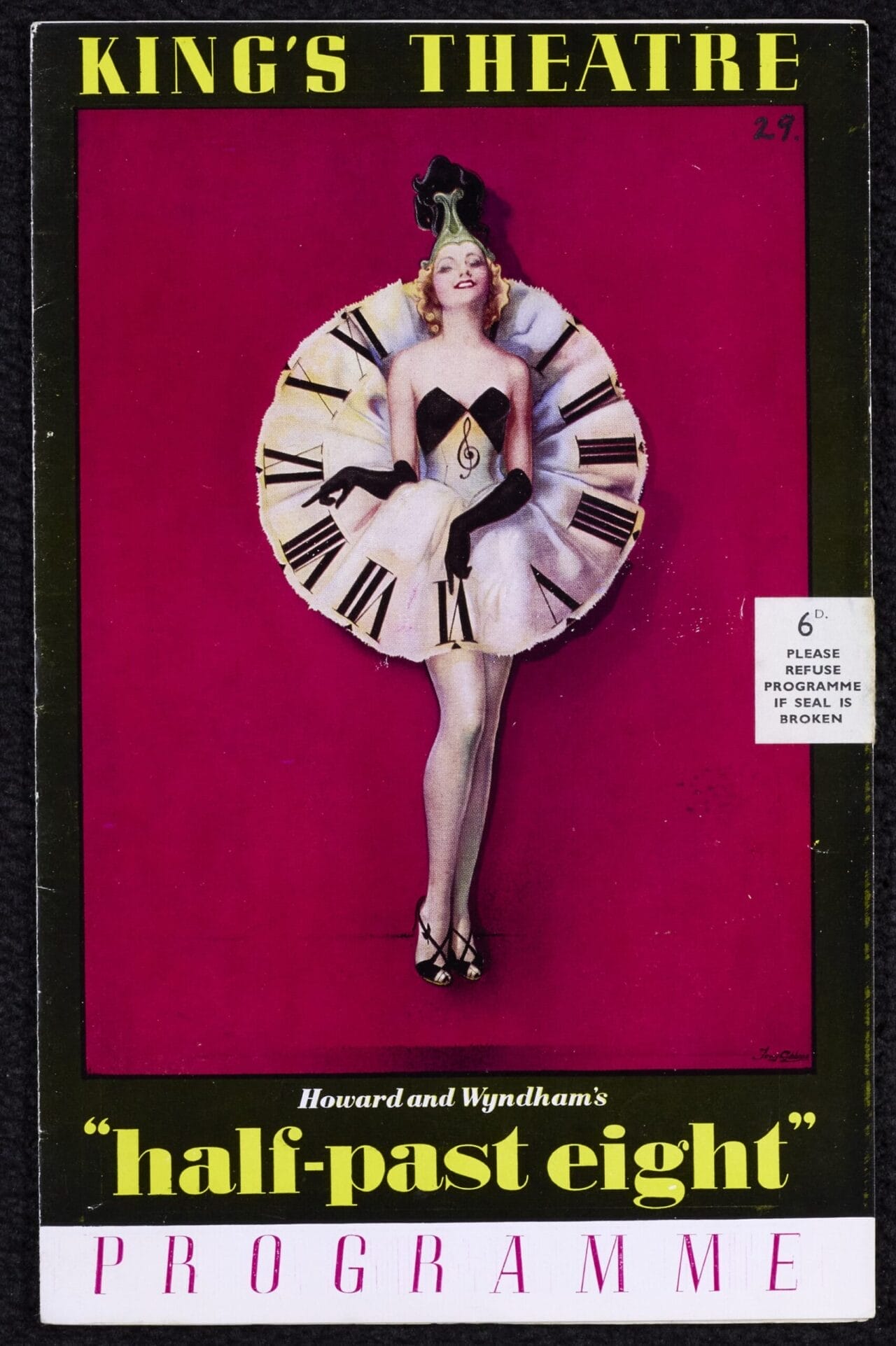 A woman in a dress designed like a clock stands smiling on the cover of the Half Past Eight Show program at The King's Theatre.