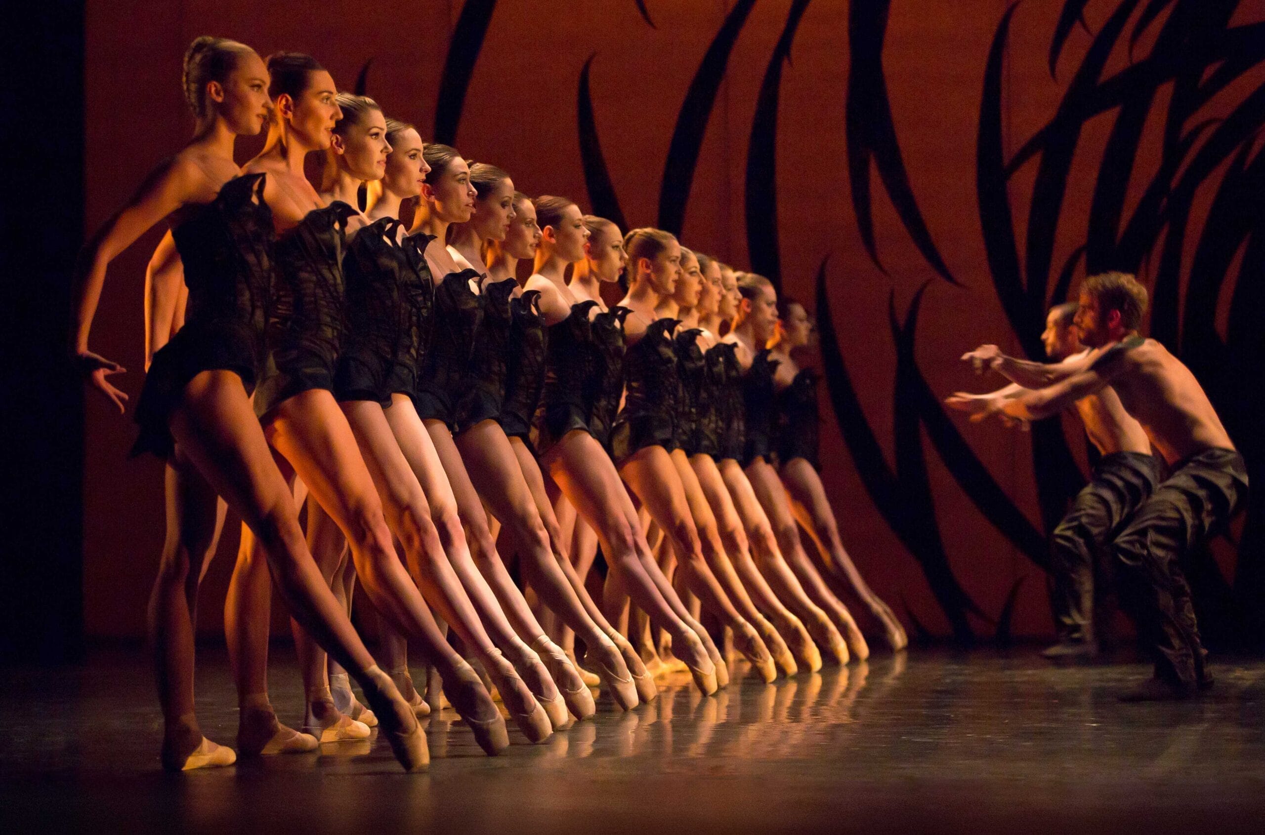 A line of ballerinas in black costumes performs on stage en pointe, while two male dancers face them with arms extended against an orange backdrop with black abstract designs.