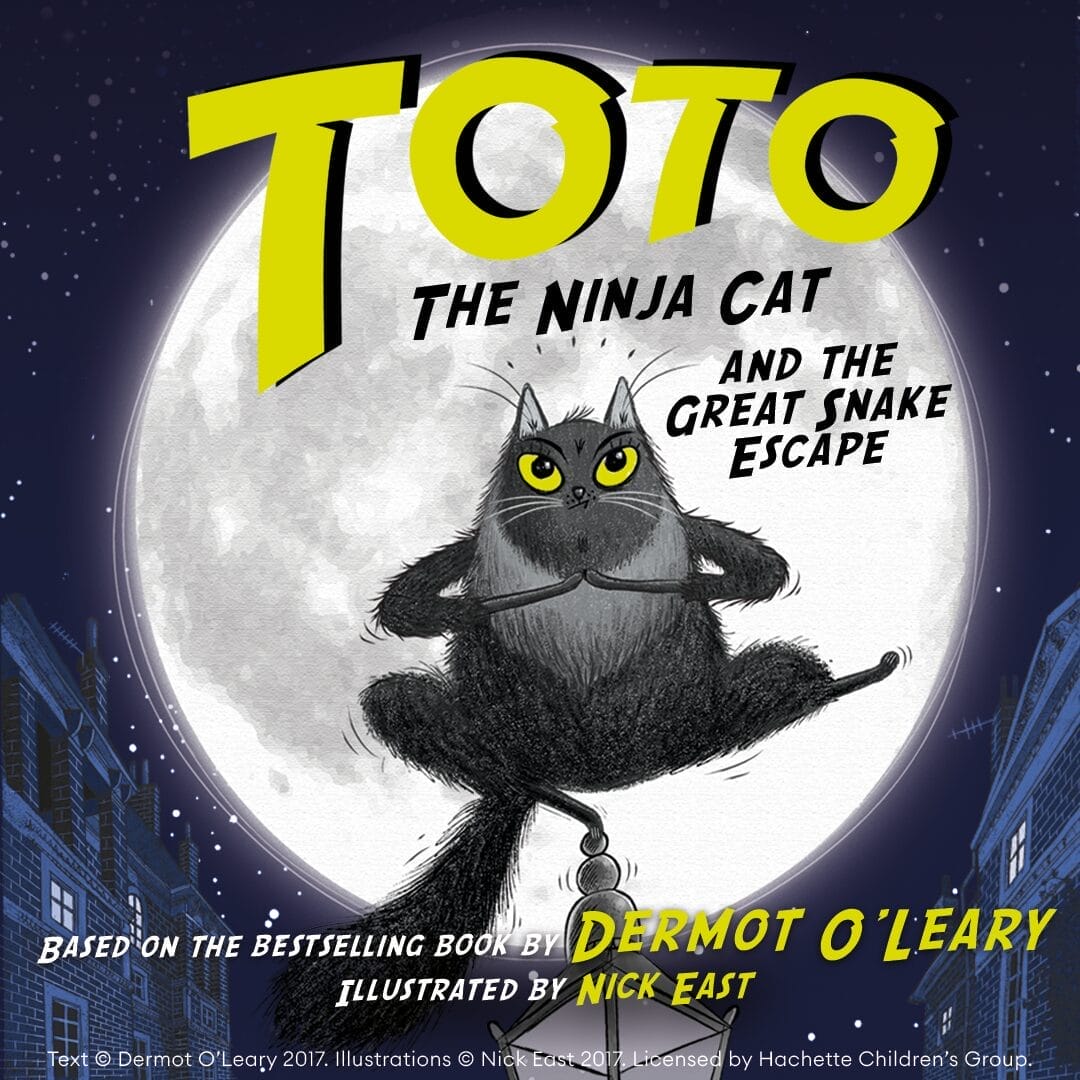 Book cover for "Toto the Ninja Cat and the Great Snake Escape," featuring Toto the ninja cat in a classic pose, sitting cross-legged in front of a glowing full moon above city rooftops.