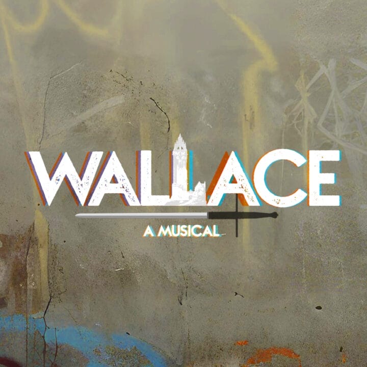 The words "WALLACE A MUSICAL" appear over a graffiti-covered concrete wall background.