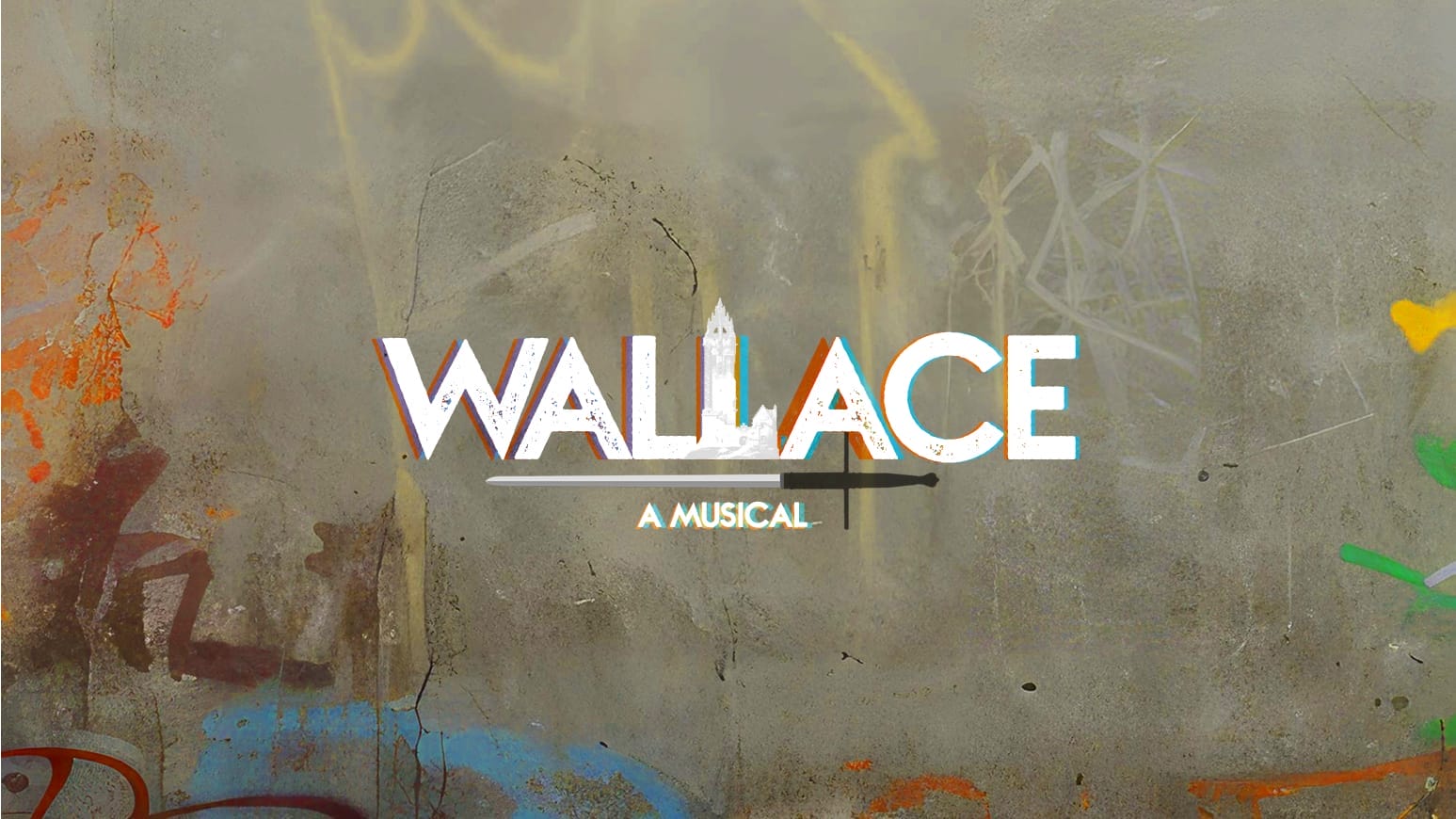 The words "WALLACE A MUSICAL" appear over a graffiti-covered concrete wall background.