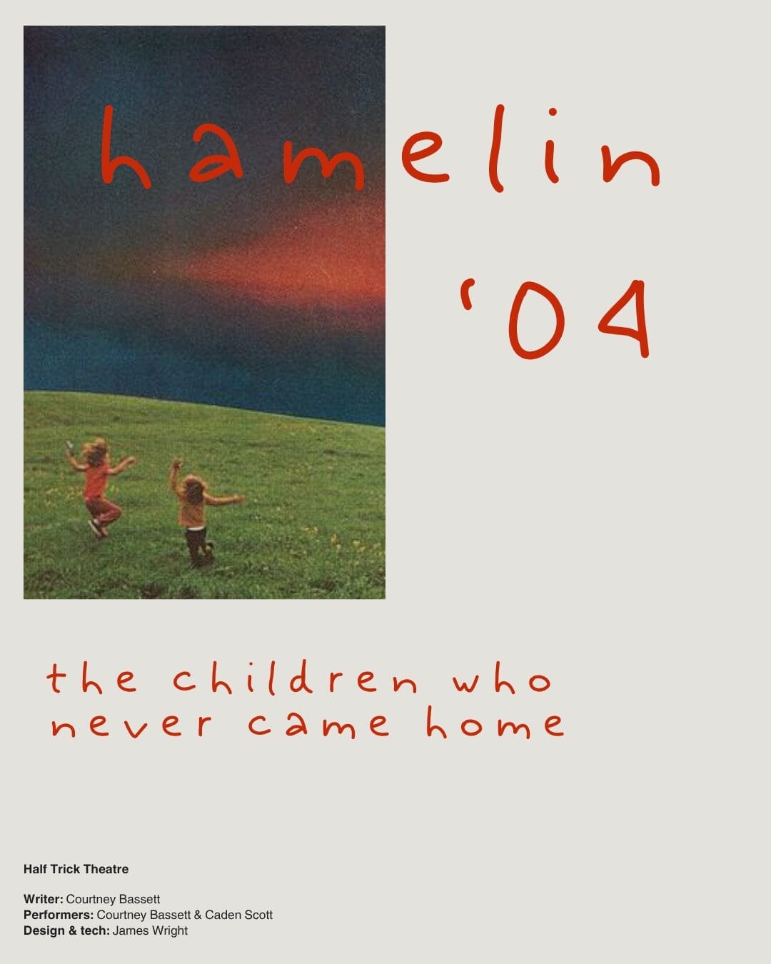 Poster for "hamelin '04" featuring two children running on grass under a dark sky, the tagline "the children who never came home," and production credits at the bottom.