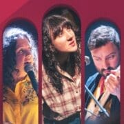 Five musicians perform on stage, each holding a microphone, framed by arched designs and a bold red background that creates a giant bridge of energy between the performers and the audience.