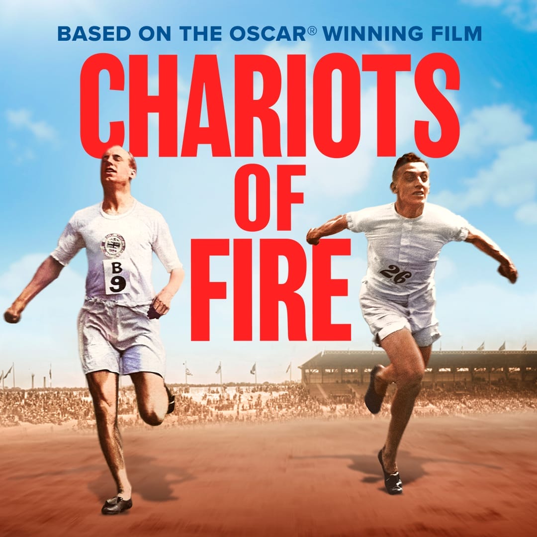 Two male athletes sprint on a track before a stadium crowd, capturing the spirit of "Chariots of Fire" as bold text appears above them.