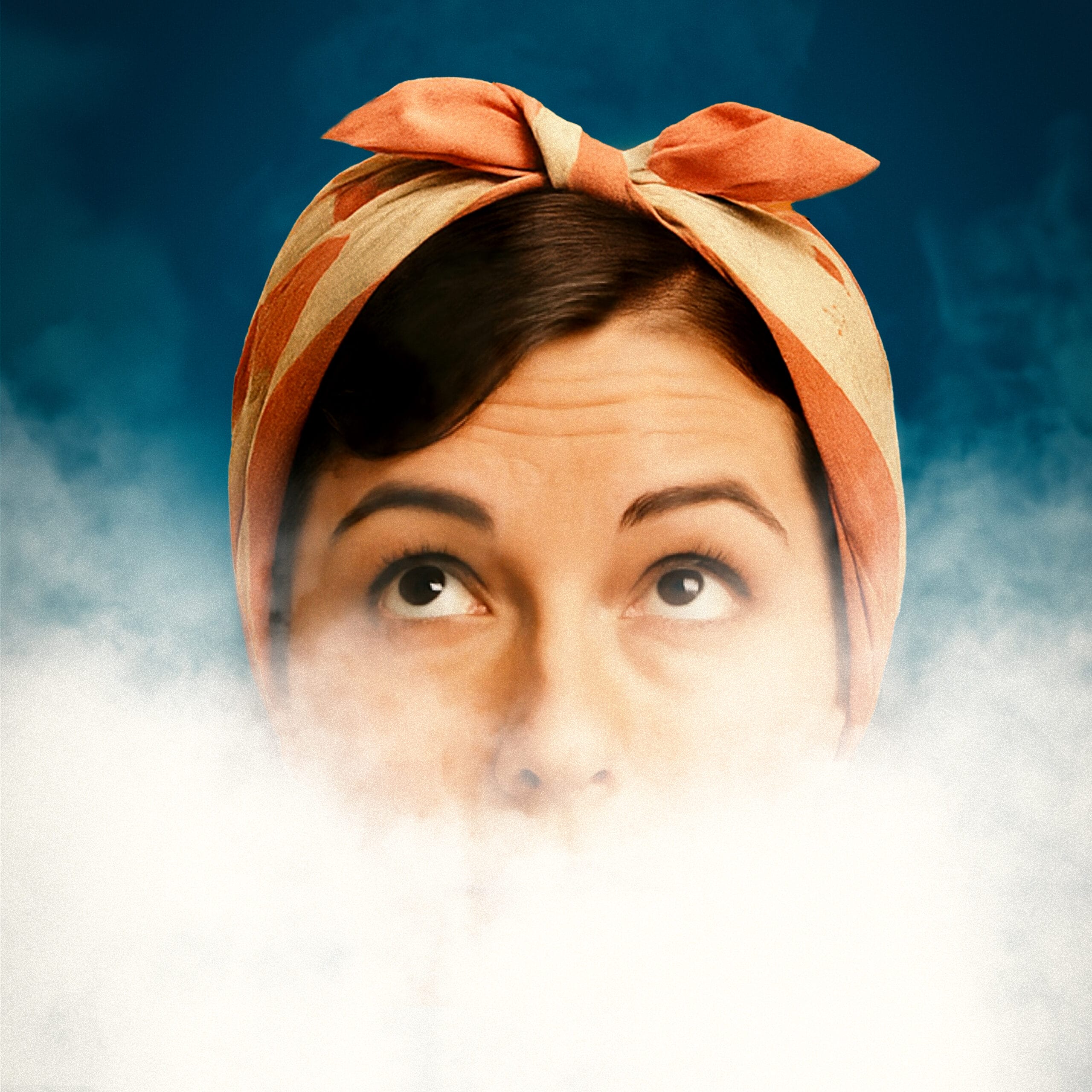 A woman with a headscarf looks upward;