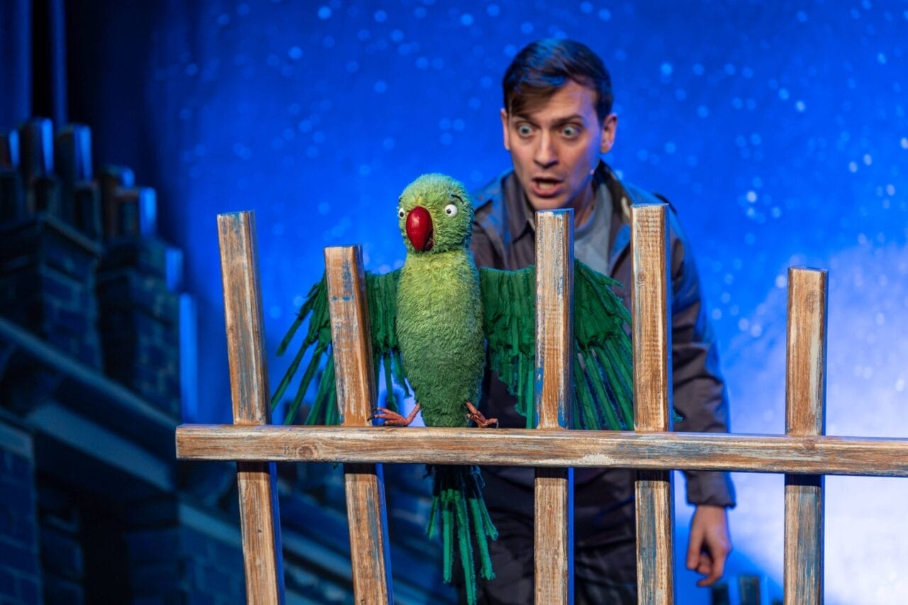 A man stands behind a wooden fence, looking at a large green parrot puppet perched on the fence. The background is blue with a pattern resembling stars or snow, creating a whimsical scene that could delight even Toto the Ninja Cat.