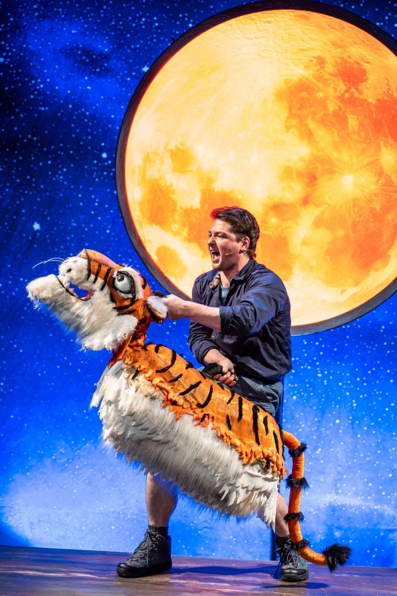 A person performs on stage holding a Toto the Ninja Cat puppet in front of a large, illuminated moon against a starry night sky backdrop, appearing to enthusiastically sing or speak.