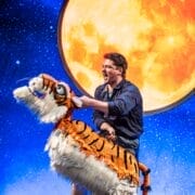 A person performs on stage holding a Toto the Ninja Cat puppet in front of a large, illuminated moon against a starry night sky backdrop, appearing to enthusiastically sing or speak.