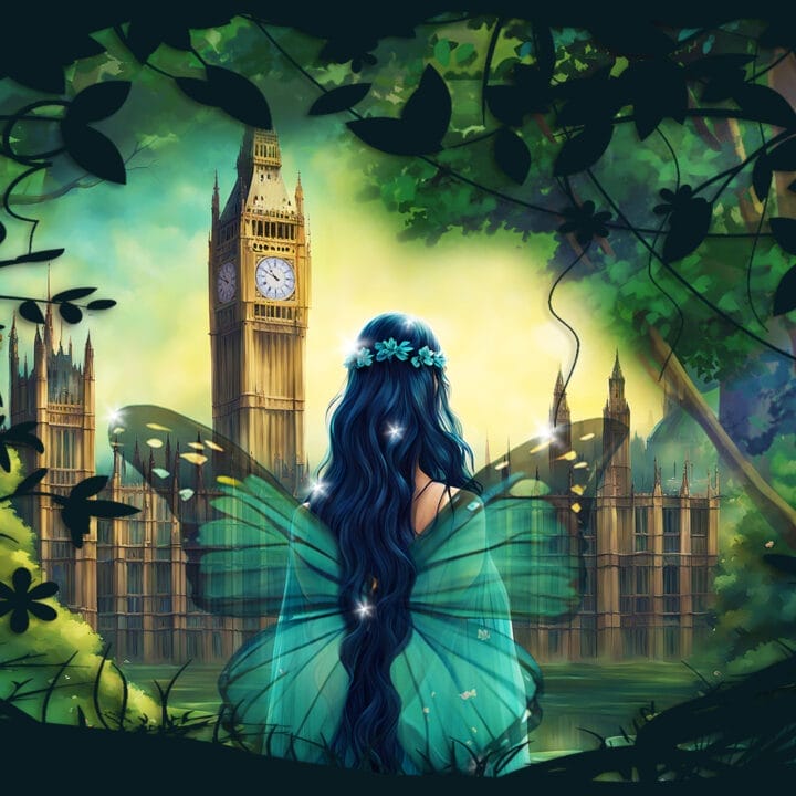 A woman with long hair and butterfly wings looking at a clock tower.