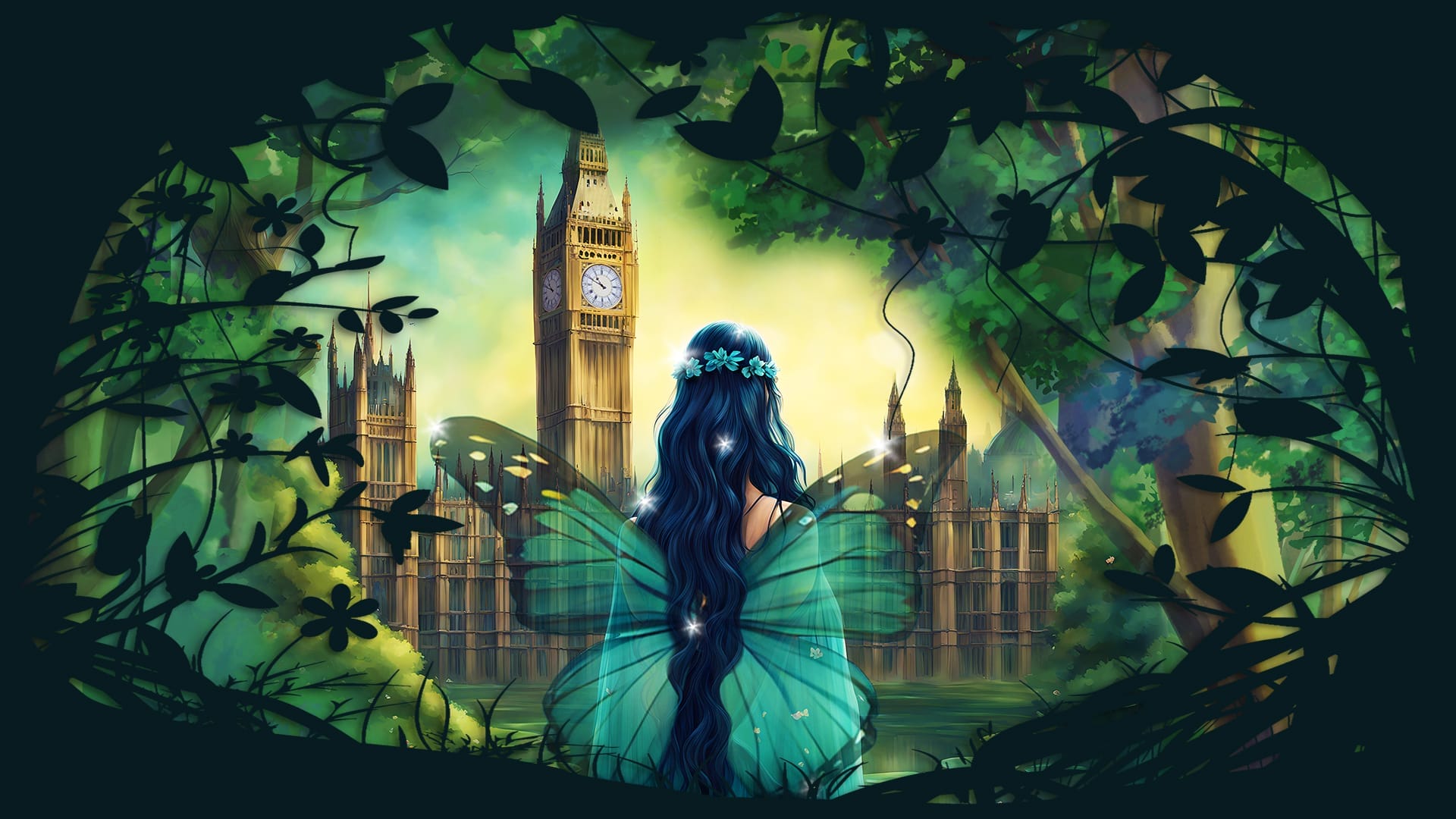 A woman with long hair and butterfly wings looking at a clock tower.