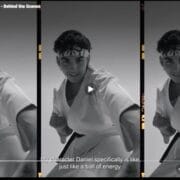 Black-and-white image showing a young man in a karate uniform and headband, posing in a martial arts stance. The video title at the top mentions "The Karate Kid Musical - Behind the Scenes.