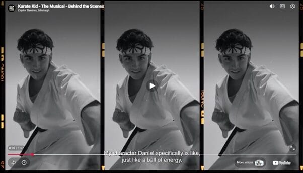 Black-and-white image showing a young man in a karate uniform and headband, posing in a martial arts stance. The video title at the top mentions "The Karate Kid Musical - Behind the Scenes.