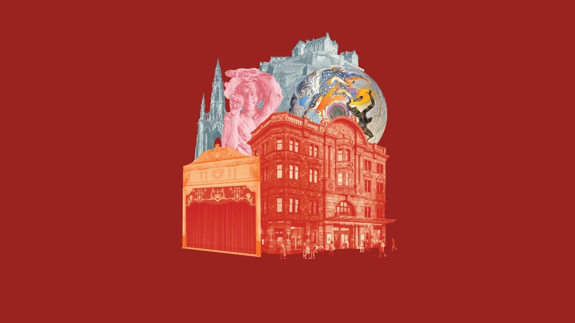 A collage featuring King's Theatre building, stage, classical sculpture, cathedral spire, and a castle on a red background celebrates theatre returns with dramatic flair.