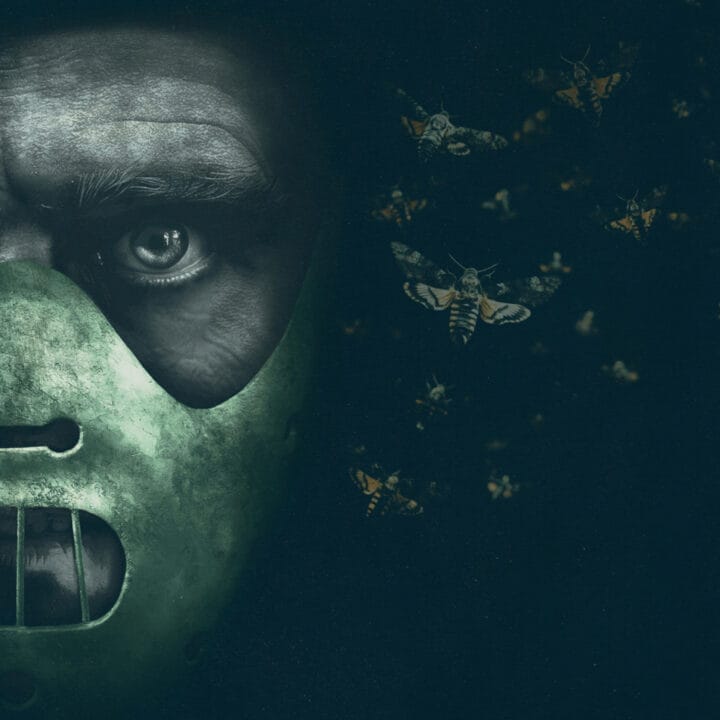 A person wearing a metallic face mask on the left side of the image stares forward, evoking The Silence of the Lambs; several moths fly on the dark right side.