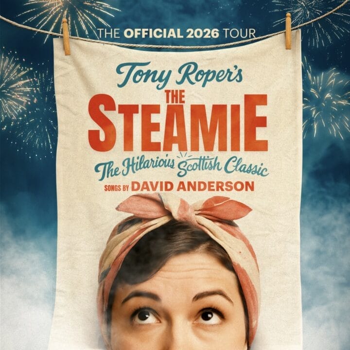 A woman with a headscarf looks upward; text reads “The Hilarious Scottish Classic.” Fireworks light up the night sky on the right side of the image.