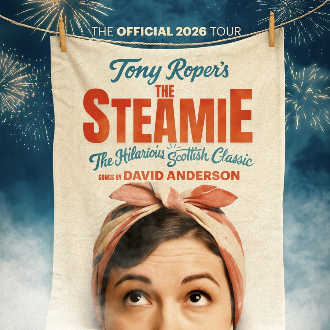 A woman with a headscarf looks upward; text reads “The Hilarious Scottish Classic.” Fireworks light up the night sky on the right side of the image.