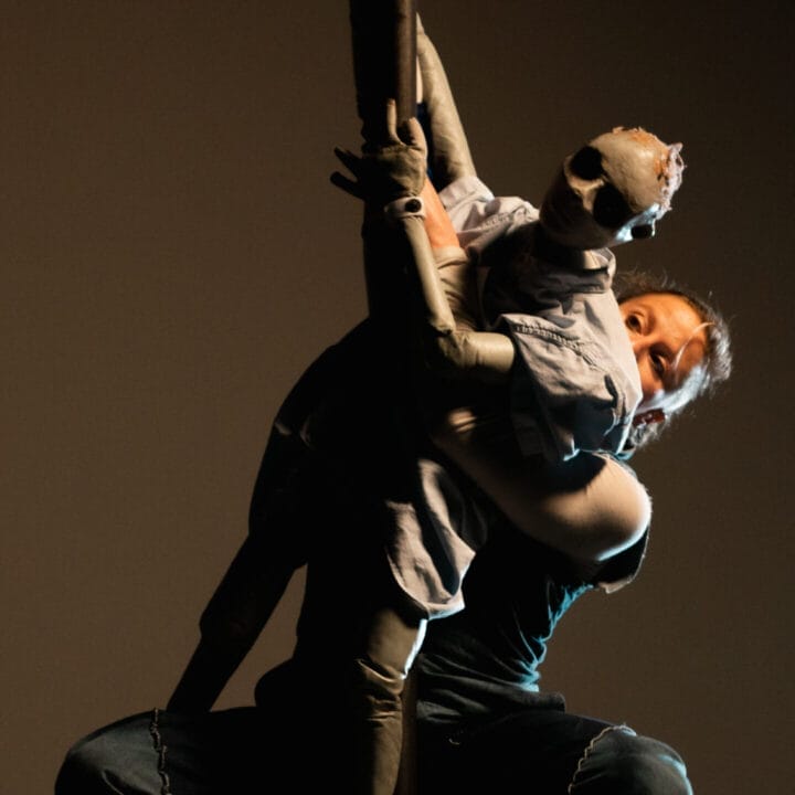 A person performs with a human-like puppet, both suspended against a dark background.