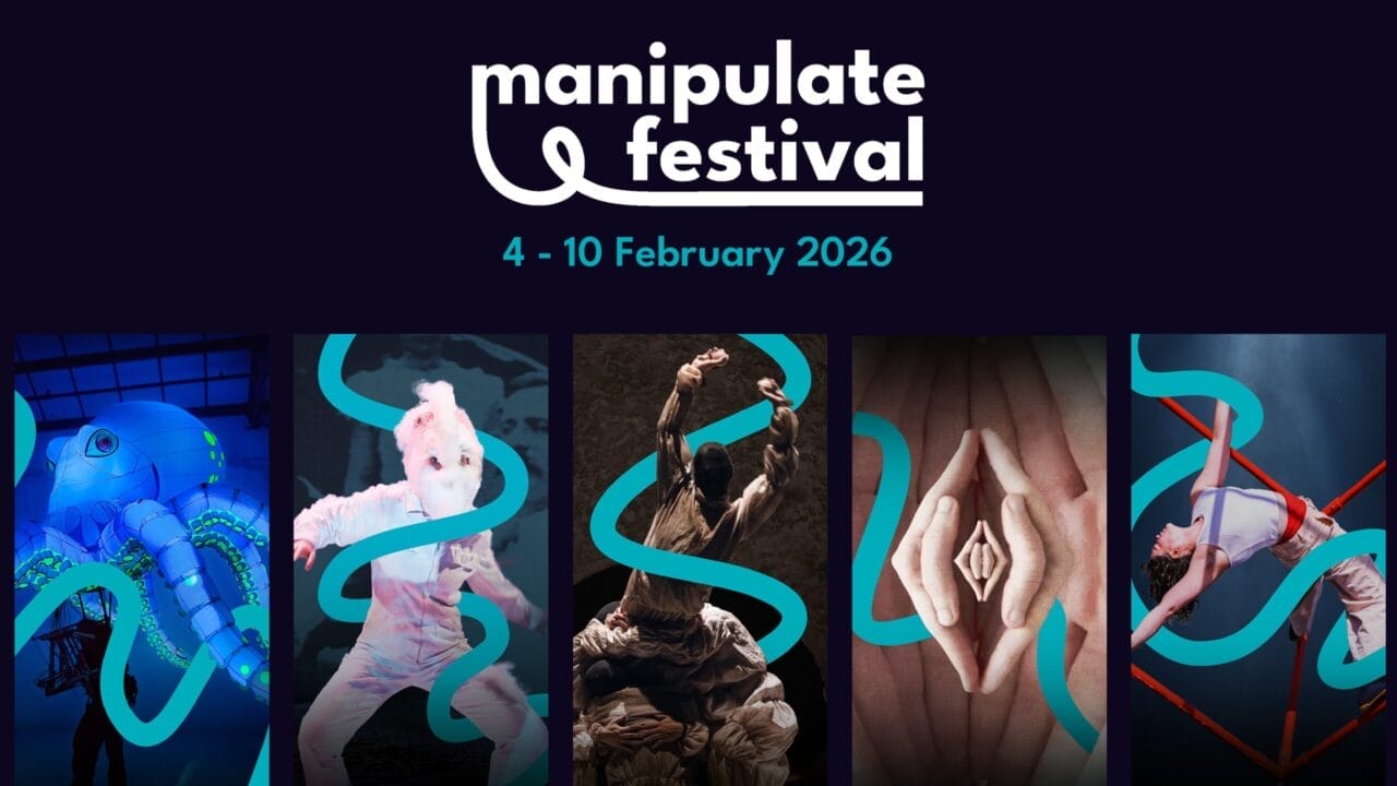 A promotional image for Manipulate Festival 2026 displays the festival name, dates (4-10 February 2026), and five performance photos, all framed by a striking blue abstract swirl motif.