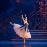 A ballerina in a sparkling tutu performs a ballet pose on stage, standing on one pointed foot with the other leg extended behind her.
