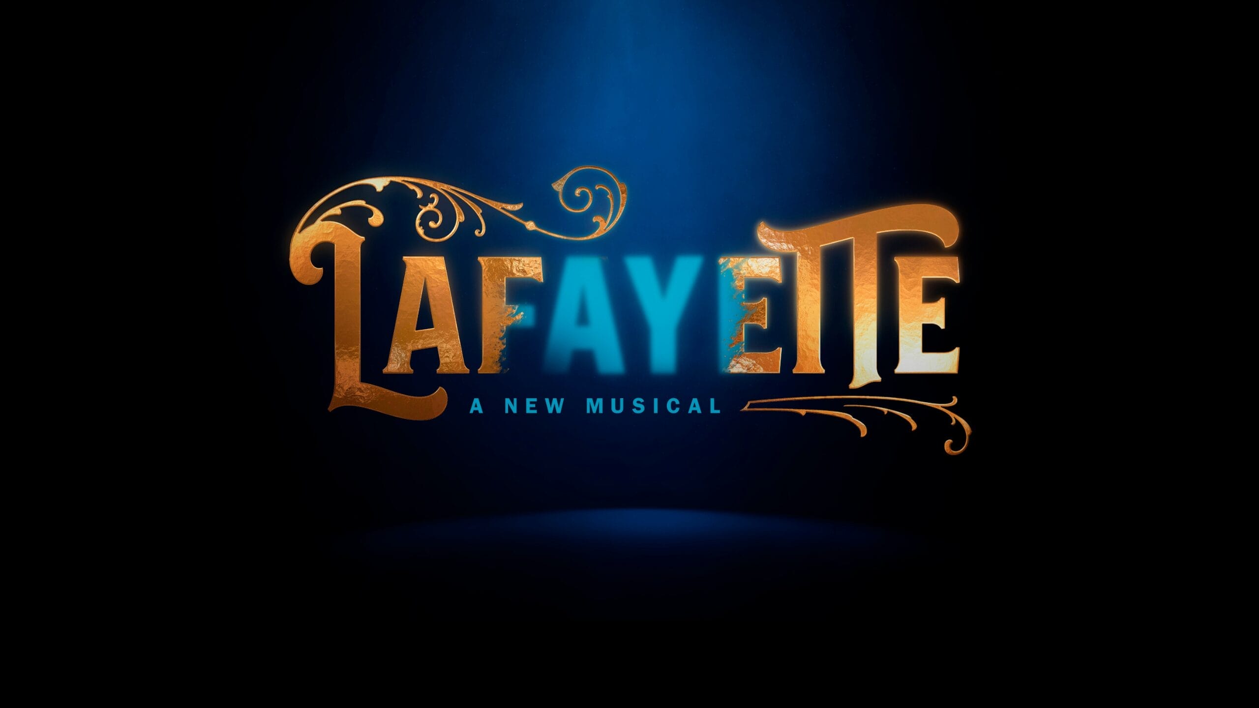 Logo for the new musical “Lafayette: A New Musical,” featuring “Lafayette” in large ornate gold and blue letters, with the subtitle “A New Musical” in smaller blue text beneath, set against a dark background—a striking musical announcement.