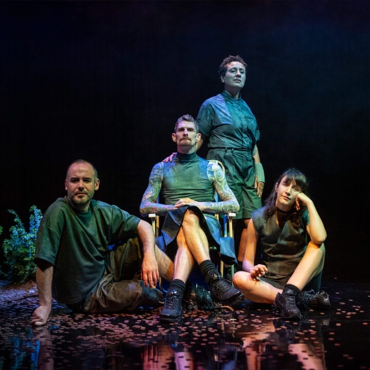 Four people pose on a dark stage; one sits in a chair, two sit on the floor, and one stands behind. They wear dark, casual clothing, with some greenery and scattered petals or confetti on the floor.