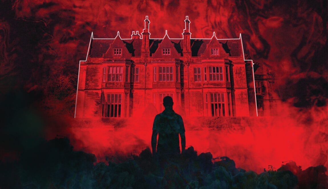A silhouetted figure walks around the house in front of a large, old mansion with intricate architecture, set against a dramatic red and black background. The mood is ominous and mysterious.