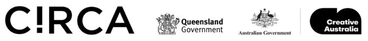 Logos from left to right: CIRCA, Queensland Government, Australian Government, and Creative Australia, all in black on a white background.