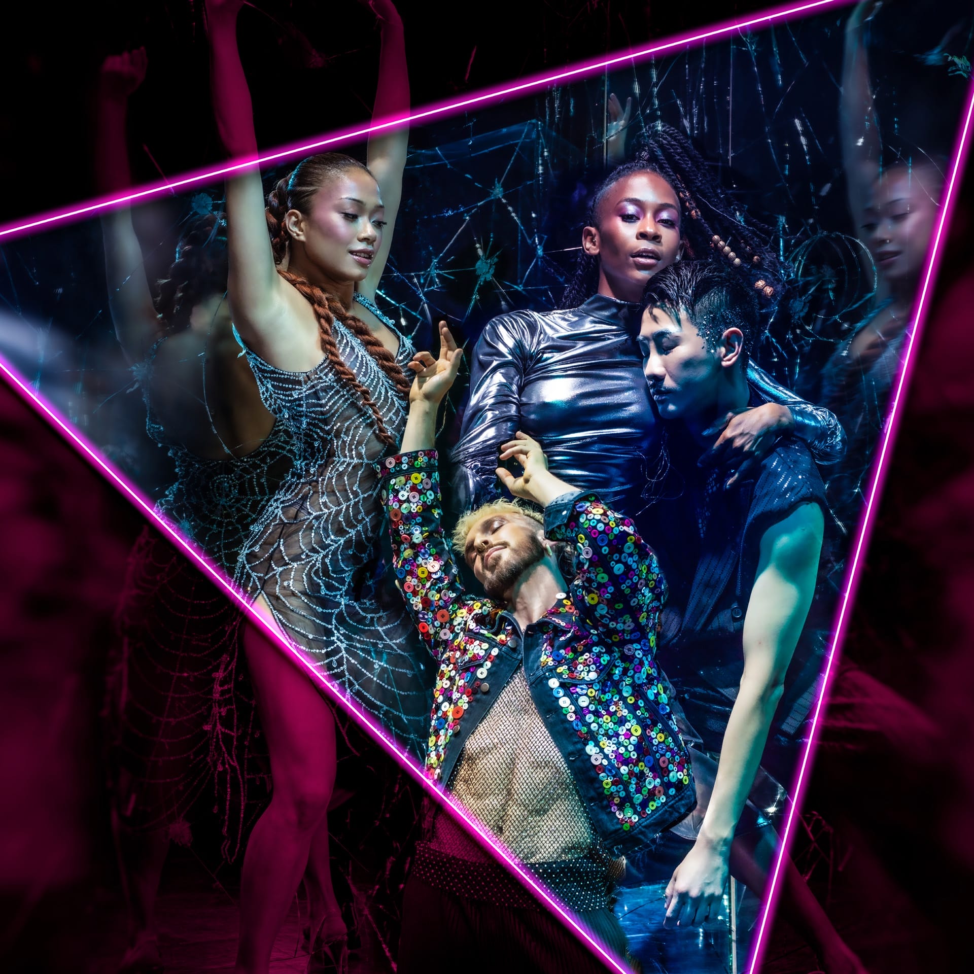 Four people pose dramatically under neon pink lights, framed by a glowing triangle. They wear futuristic, shiny, and patterned outfits against a dark, abstract background.