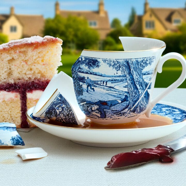 A broken teacup with spilt tea sits on a saucer beside a slice of layered cake and a knife with jam on a white tablecloth, evoking the tranquil yet mysterious air of Midsomer Murders; cottages are visible in the background.