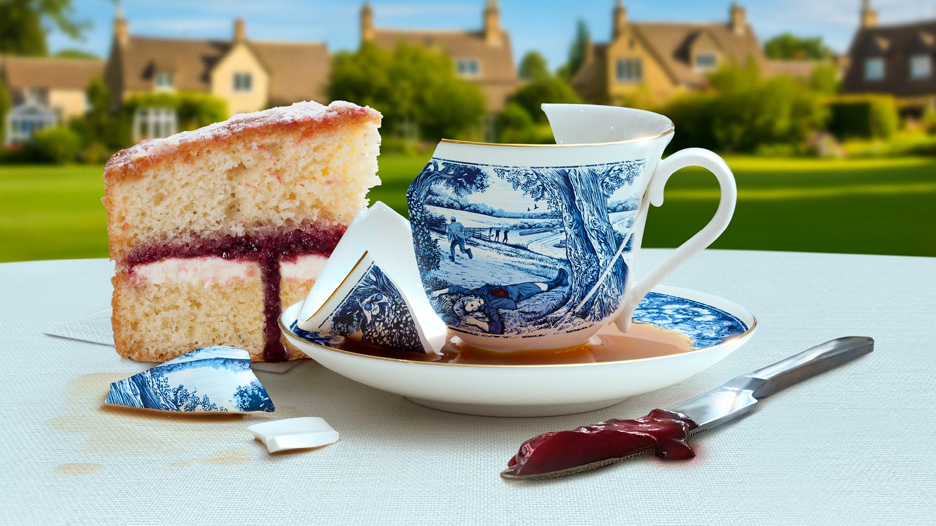 A broken teacup with spilt tea sits on a saucer beside a slice of layered cake and a knife with jam on a white tablecloth, evoking the tranquil yet mysterious air of Midsomer Murders; cottages are visible in the background.